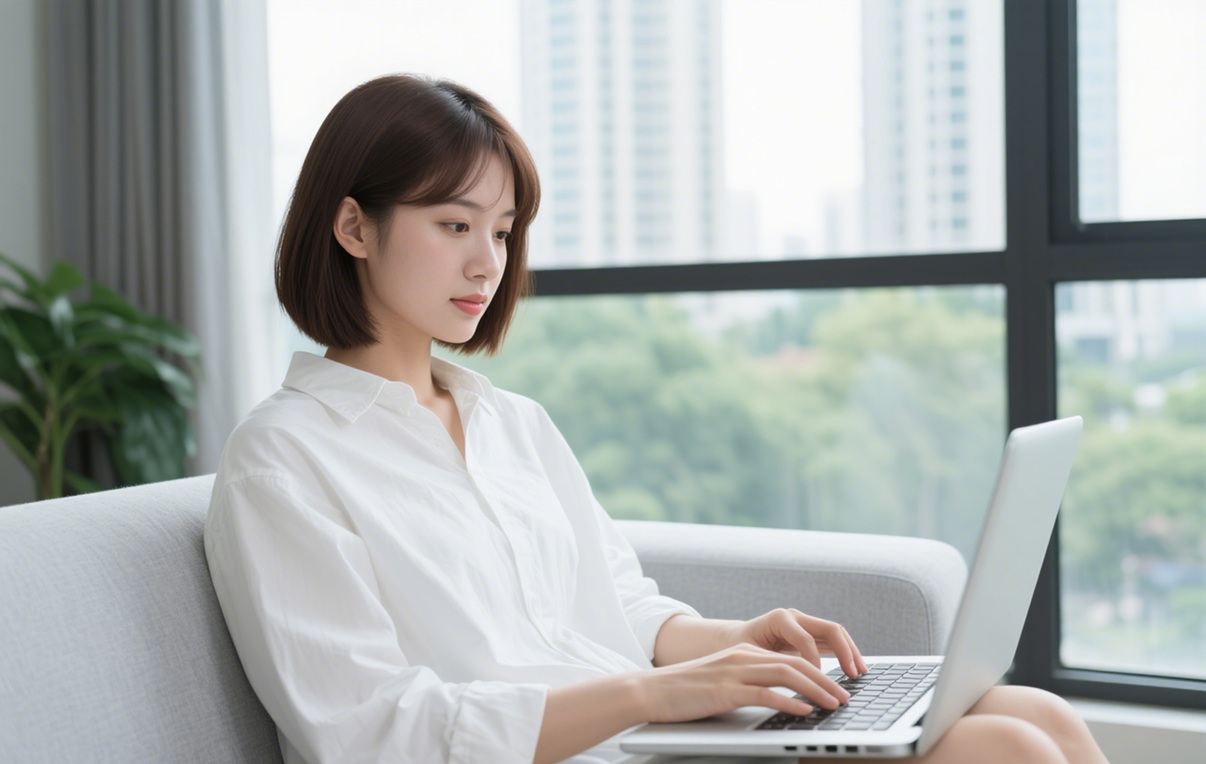 一位女士用電腦將 PDF 轉換為 Doc